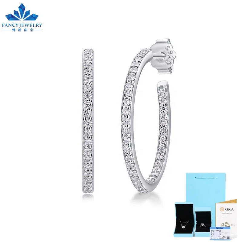 Fine Jewelry Earrings Silver 2.0mm18K White Gold Plated 925 Sterling Silver VVS D Color Moissanite Stud Earrings Hoop Earrings