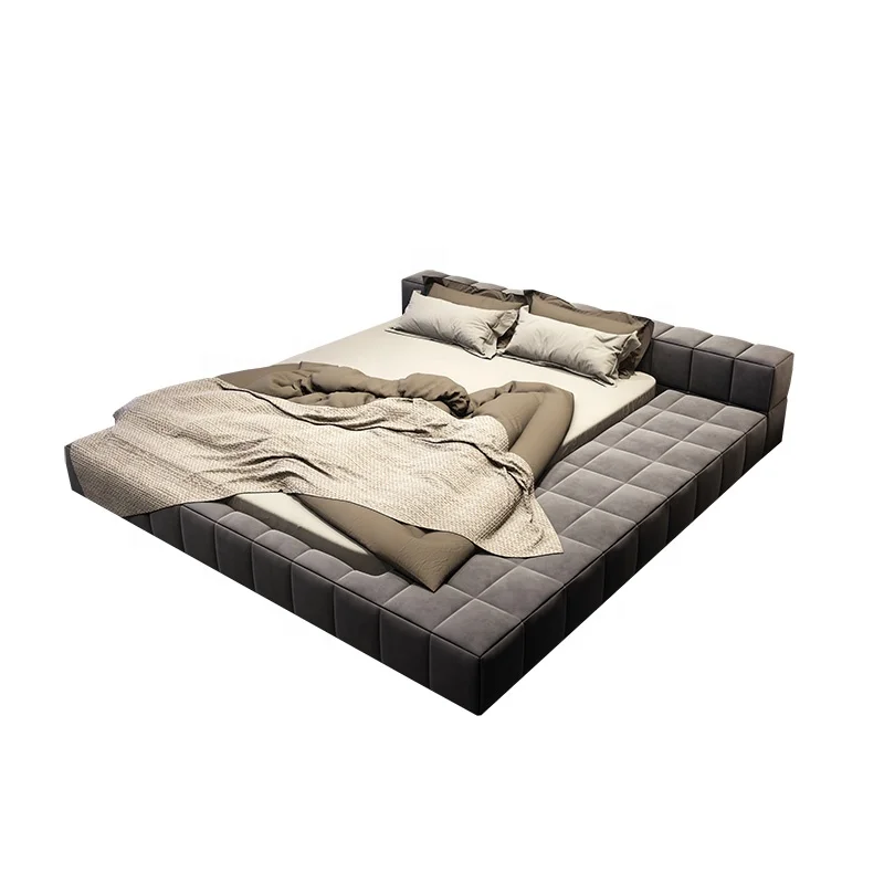 Italian Nordic Beds Modern Tatami Beds Square Lattice Design King Size Bed Bedroom Furniture Set With Extra Lounge Storage Box