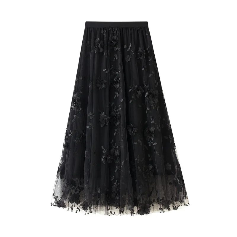 Women Skirt Embroidered A-line High Waist Long Gauze Skirt