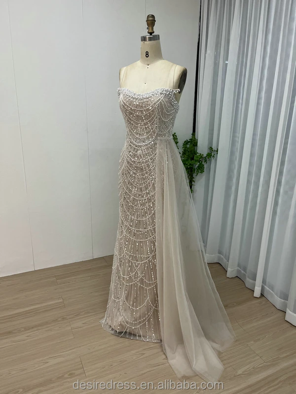 Newest Design White Beaded Pearls Mermaid Evening Dresses Strapless Sequined Prom Gowns With Side Train For Sexy Ladies MY30110