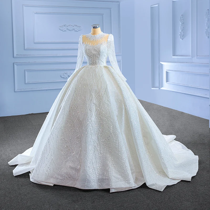 Newest Beaded High Neckline Long Sleeves Lace Sleeves Bridal dress Wedding Dress Ball Gown