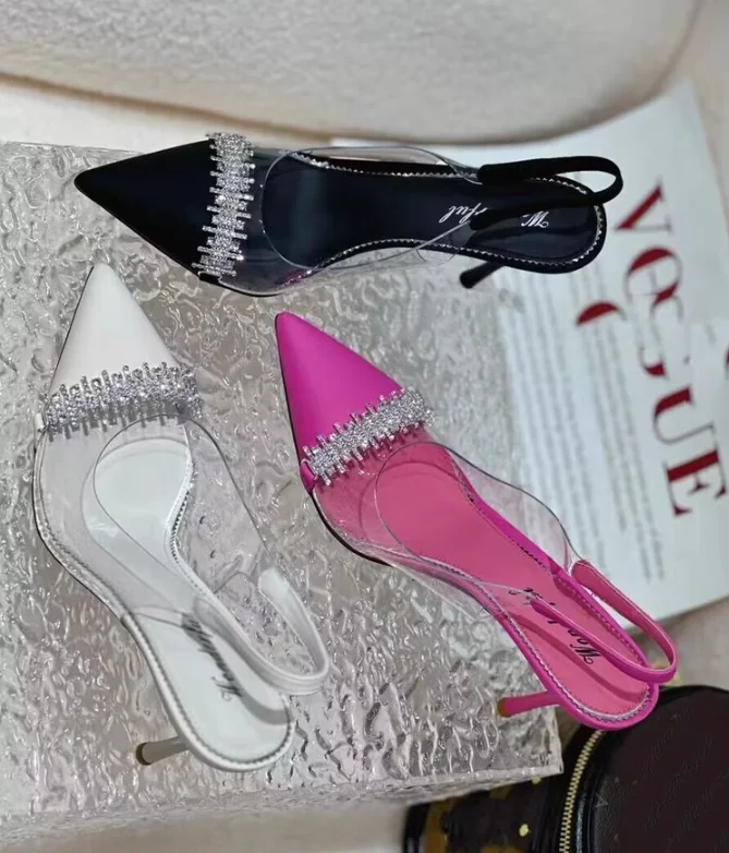 China wholesale heeled shoes transparent upper with rhinestone high heels sandals for women and ladies