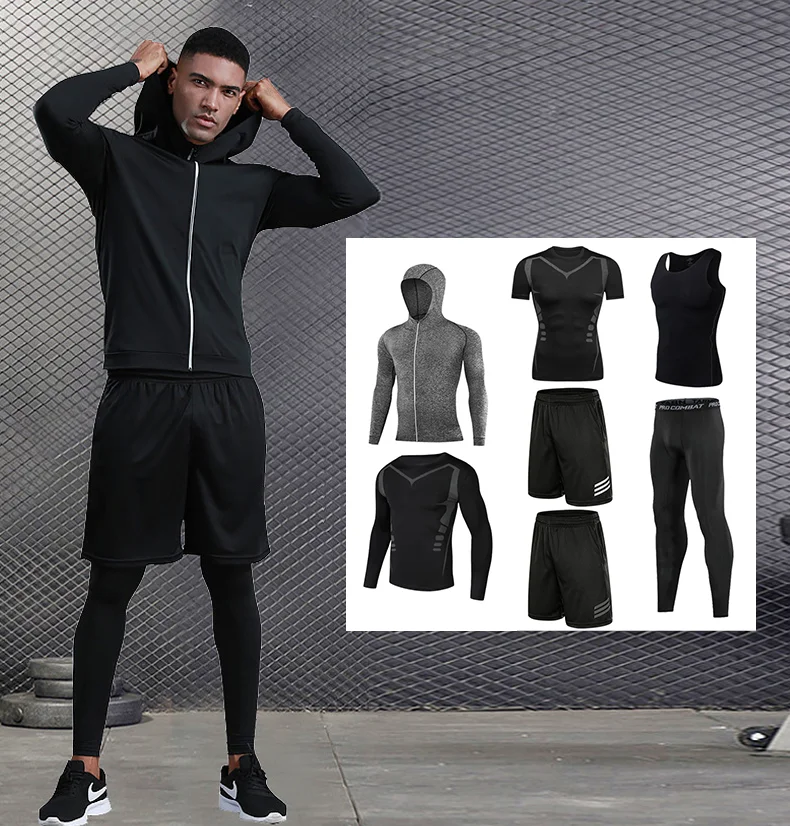 7 Piece Set Men Gym Athletic Wear Fitness Custom Sweatsuit Sportswear Running Workout Sets Tracksuits Jogger Suit with Logo