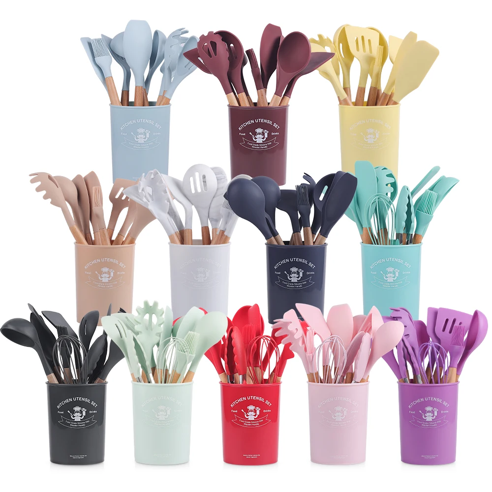 Silicone Kitchen Accessories Cooking Utensils 12 Pcs In 1 Set Kitchenware Kitchen Utensils With Wooden Handles cocina