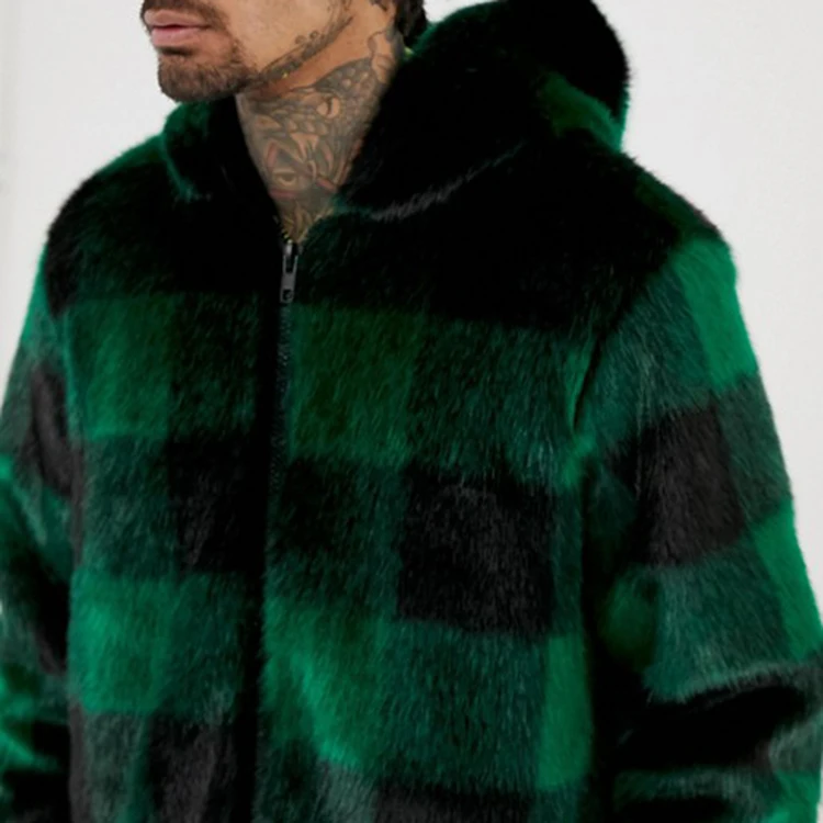 men faux fur coat lightweight green check Fixed hood faux fur jacket