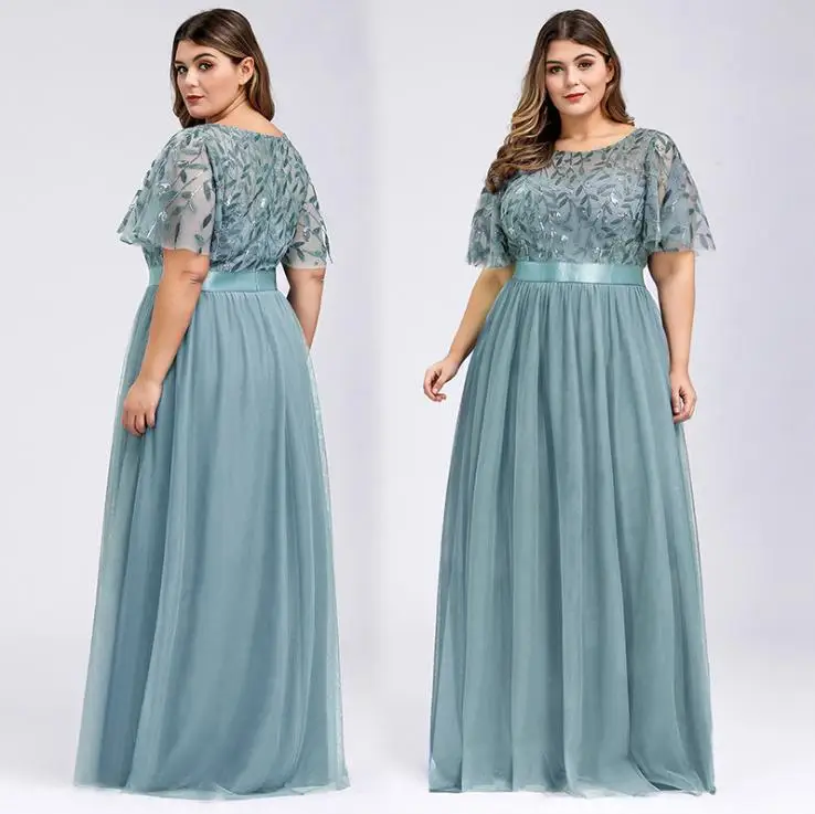Ever-pretty Plus Size Elegant Boat Neck Sequin Mesh Evening Bridesmaid Dresses