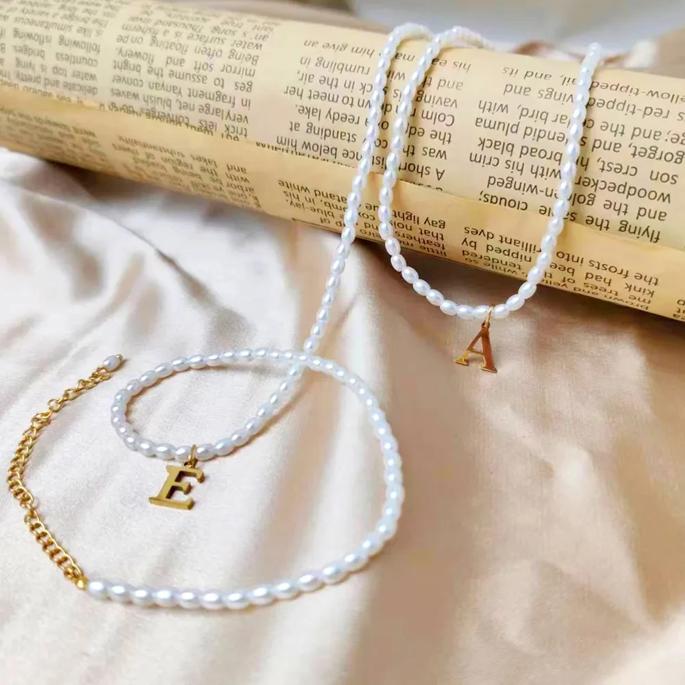 eManco Imitation Pearl Letter Necklace Initial Necklace Stainless Steel Jewelry Diy Alphabet Pearl Necklace
