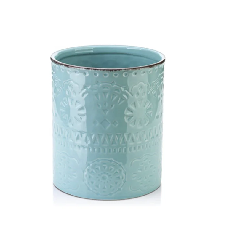 Ceramic Kitchen Utensil Holder Embossed Utensils Holder stylish Light Blue