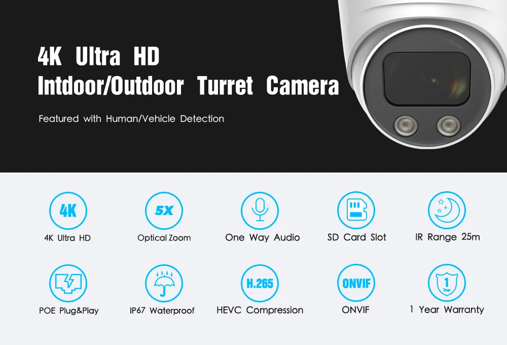 4K IP Camera PoE Indoor IP67 Waterproof Audio built-in Mic Human/Vehicle Detection Turret 8MP Home Video Security Surveillance