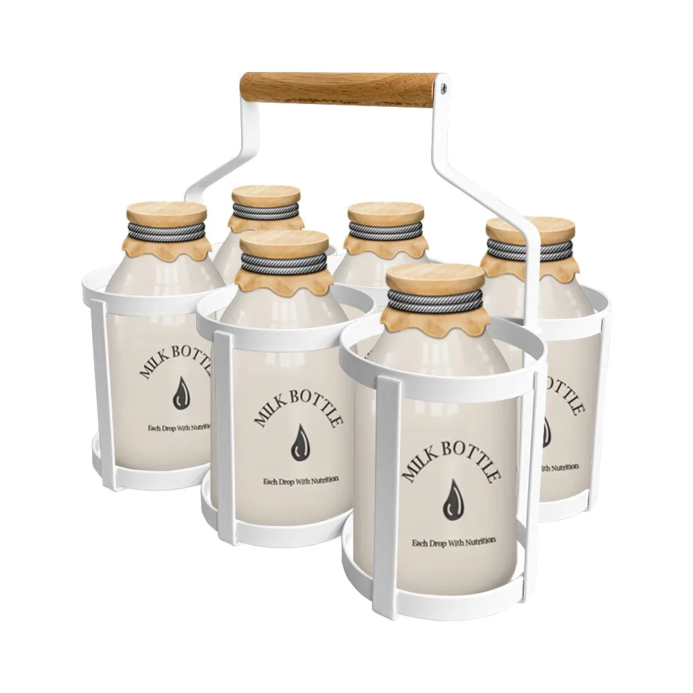 Doorstep Metal Milk Bottle Carrier Modern Iron Wood Handle On-the-go Holder Organizer Steel 6 Milk Bottle Holder For Doorstep