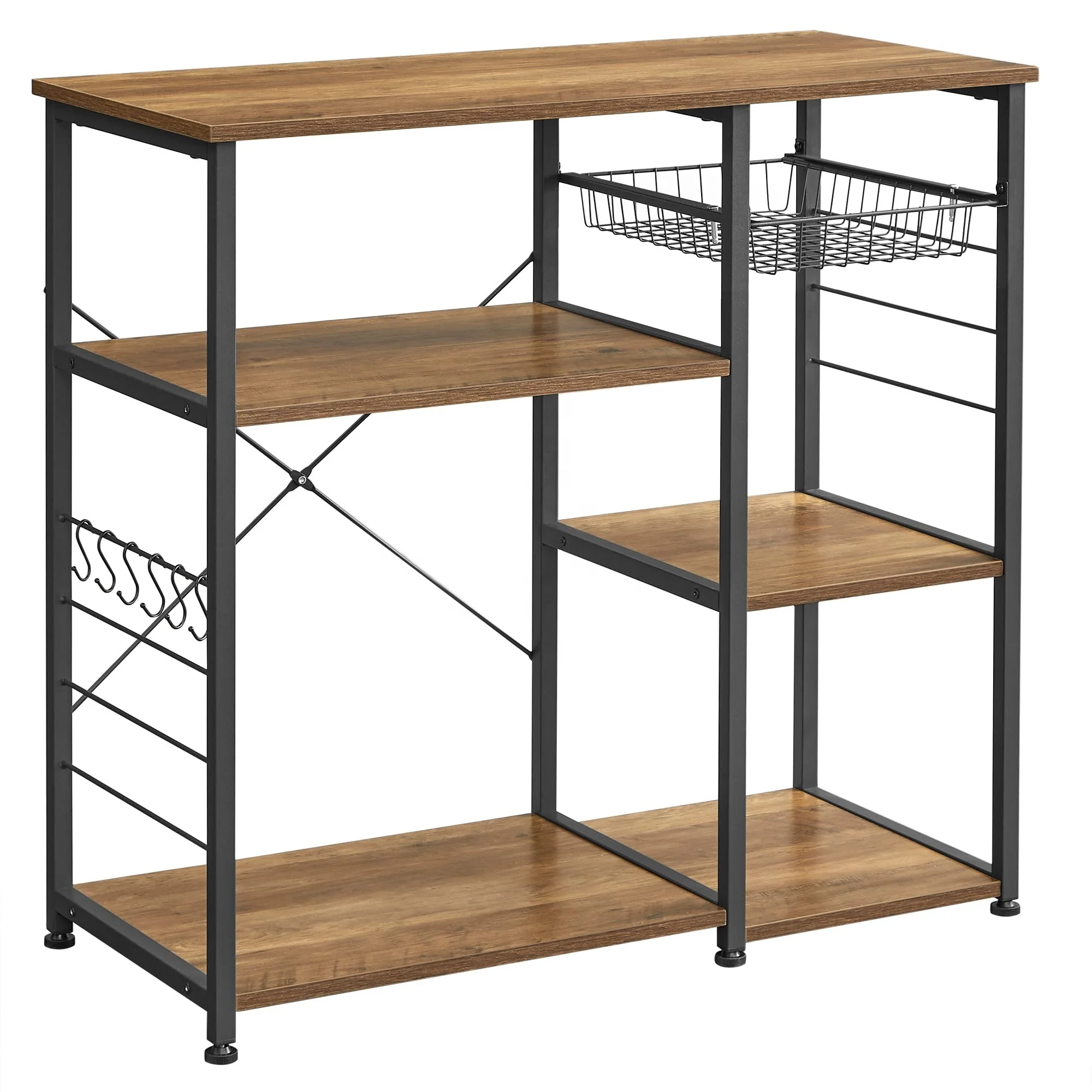 Multi Layer Metal Frame Stackable Kitchen Microwave Oven Organizer Bakers Rack Storage Shelf With Basket And Hooks
