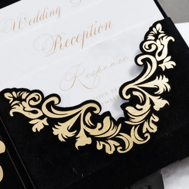 Черное сложенное бархатное Золотое фольгированное Свадебное приглашение с золотым зеркалом элегантные акриловые карты RSVP Настраиваемые роскошные приглашения