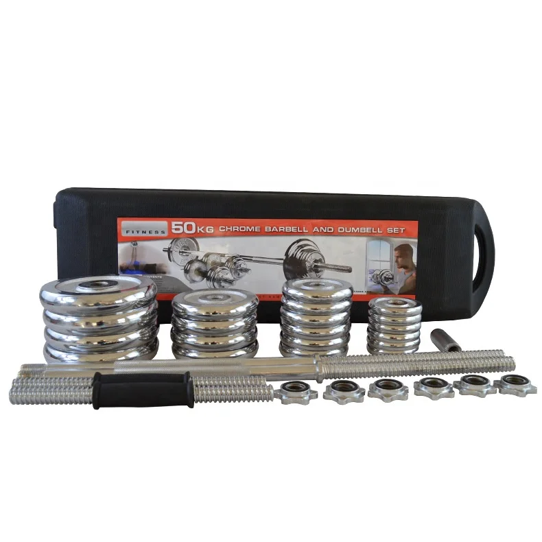 Factory Wholesale Free Weights Adjustable 50KG Chrome Dumbbell Barbell Set