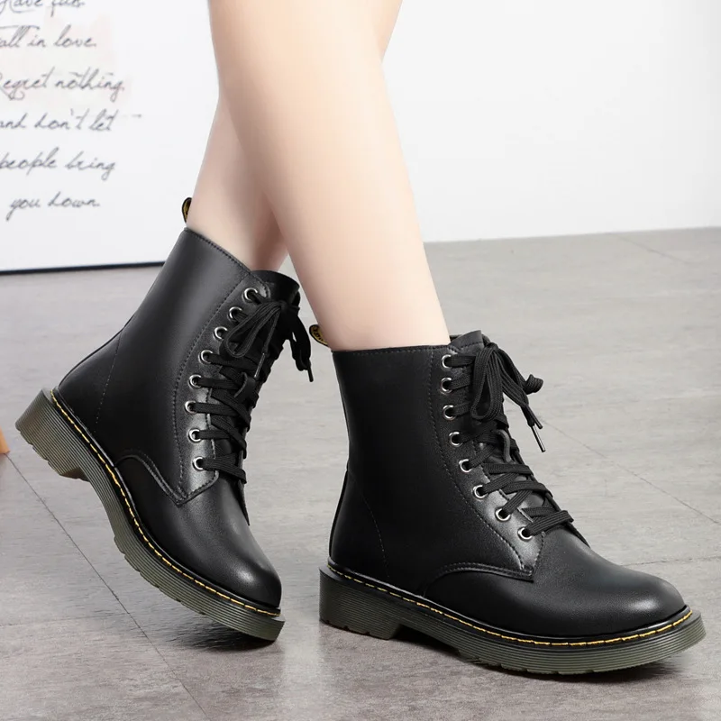 
Genuine Leather Large Size Ladies Motorcycle Boots Lace UP British Style dr Fashion Fur martin shoes women Booties for wholesale 