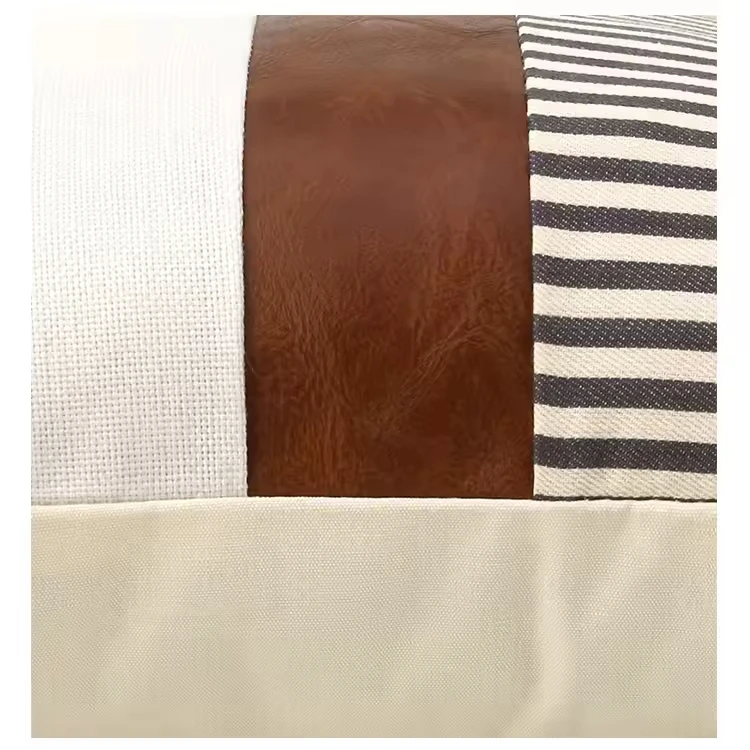 2024 hot sale custom cut and stripe vinyl pu leather canvas splicing 45x45 decorative cushion pillow cover striped cushion cover
