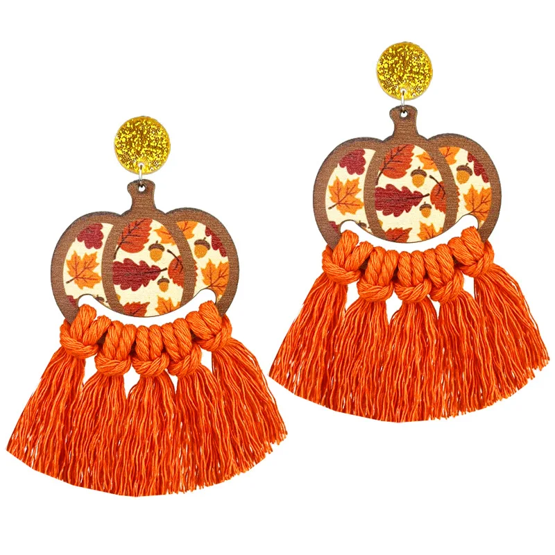 Thanksgiving Day Autumn Hand Woven Tassel Earrings Creative Turkey Pumpkin Maple Leaf Print Wooden Party Earrings For Women