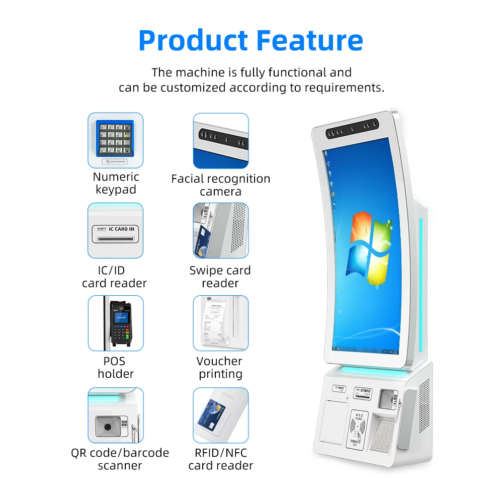 Curved metal housing design 23.6 inch capacitive touch flexible screen keyboard code scanner Wall-mounted self service kiosk