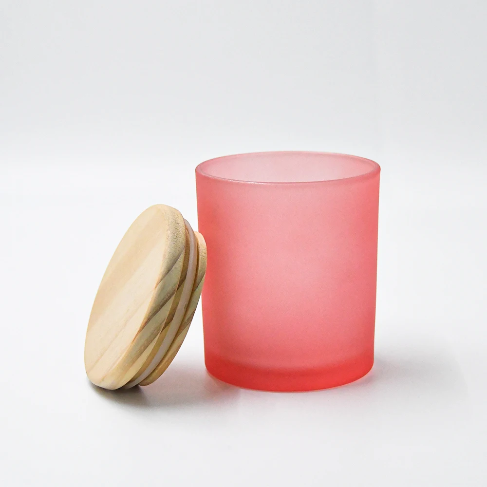 Luxury 7oz 10oz 14oz Pink Frosted Glass Candle Container In Bulk Candle Holder With Bamboo Lid For Candle Making