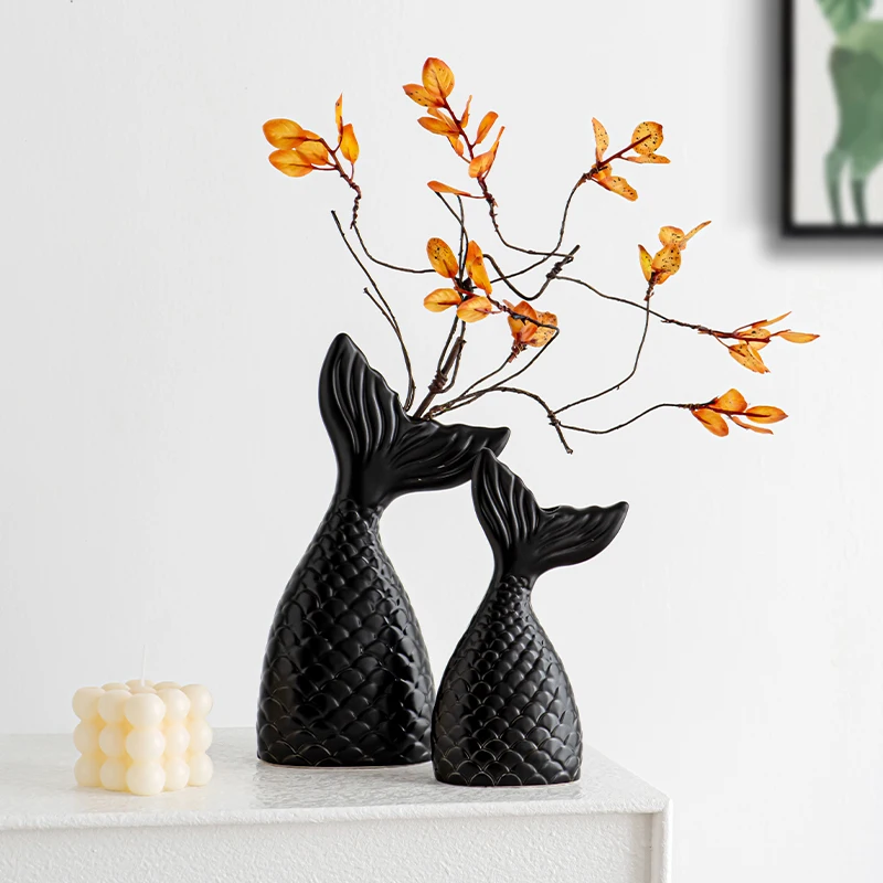 Set of 2 Matte Frosted black white pink Mermaids ceramic vase home decor artificial dried flower arrangement decoration