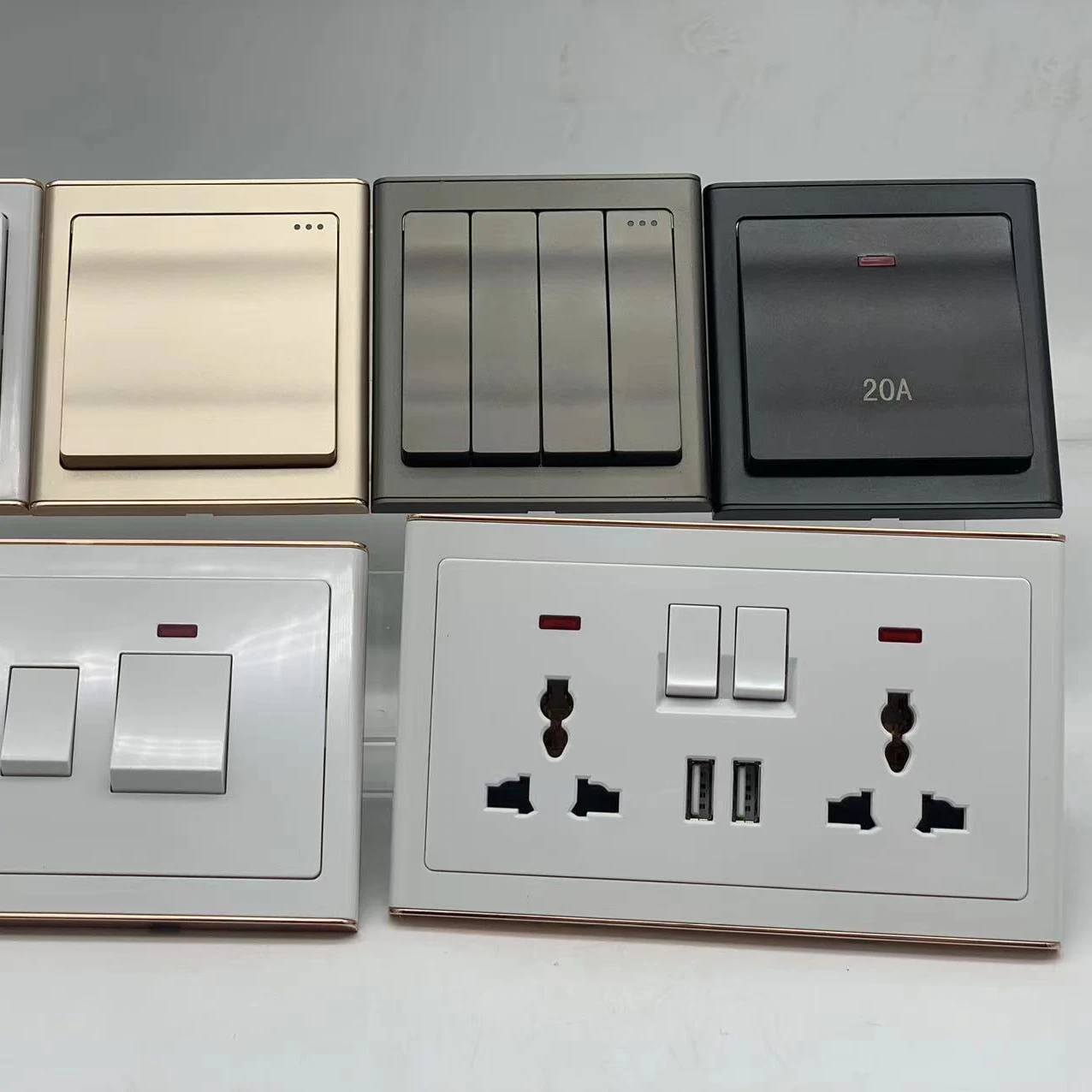 Wholesale PC and stainless black panel switch colors electrical BS standard 2 gang 16A sockets
