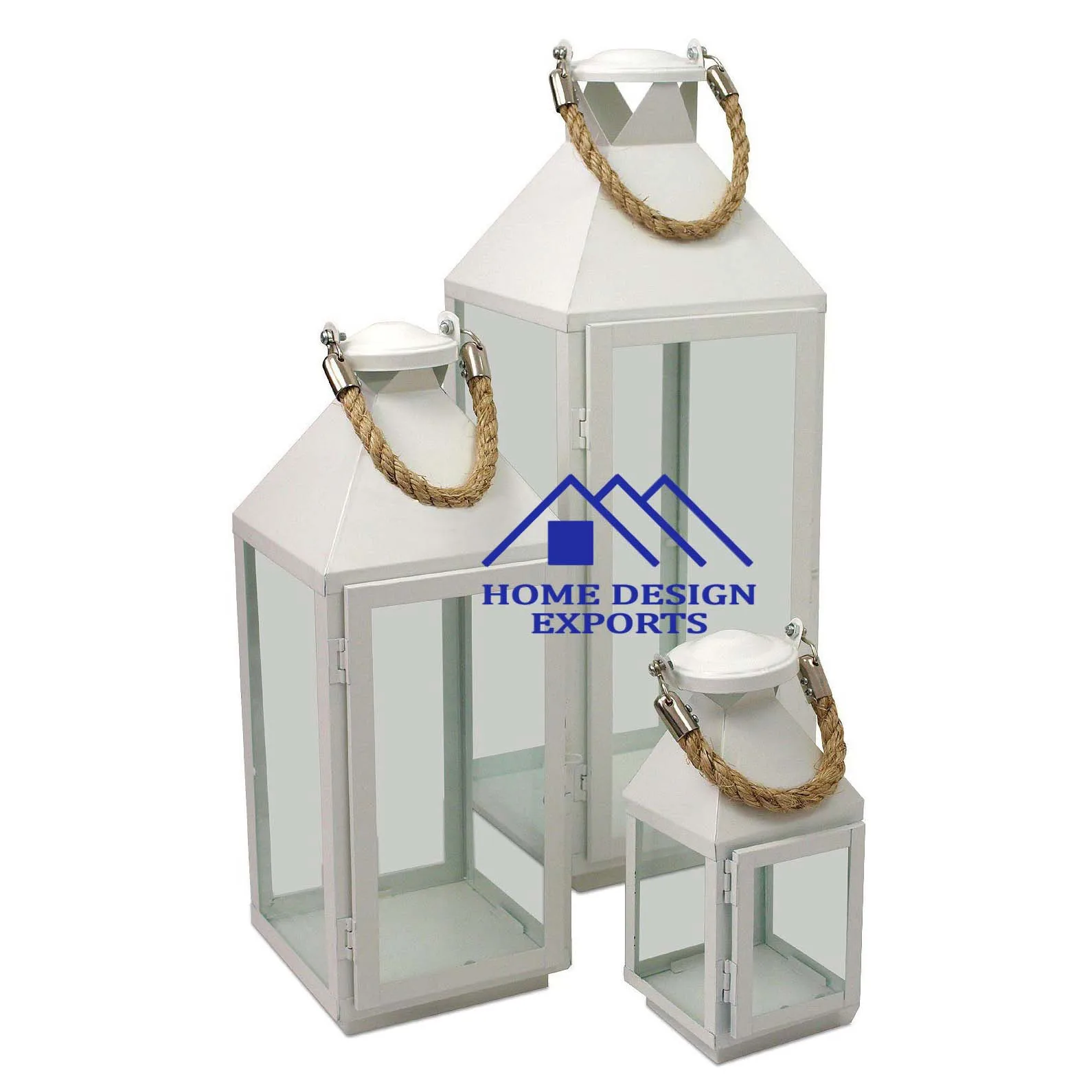 White Powder Coated Iron Candle Lantern for Garden & Home  Decor High Quality Stainless Steel Rope Hanging Candle Lantern