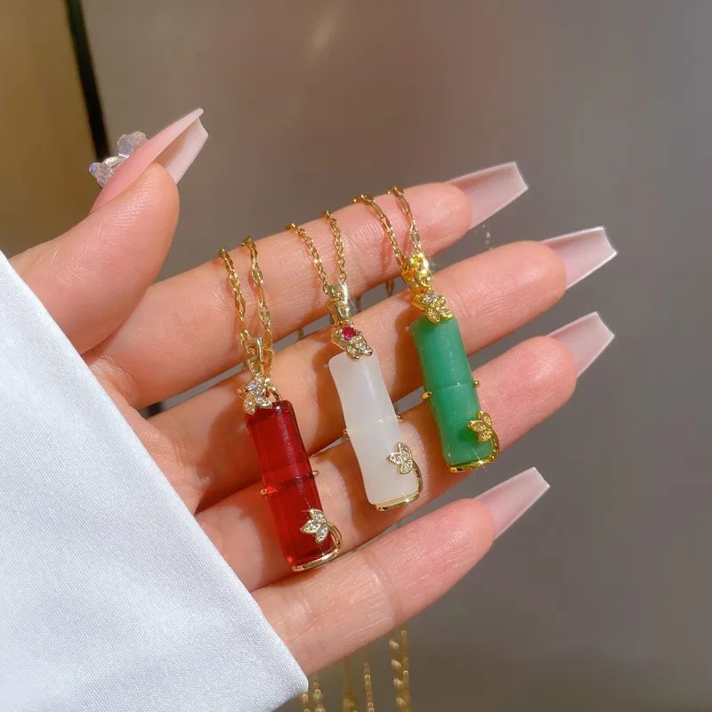 Red White Jade Necklace Jewelry Lucky Zircon Charm Stainless Steel Chain 18k Gold Plated Green Trendy Jade Bamboo Necklace