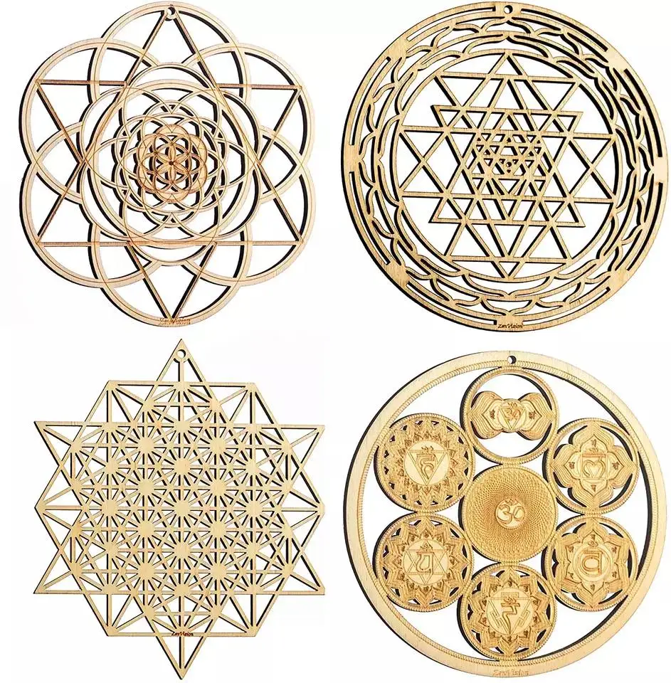 Wooden Art Sacred Geometry Wall Set Yoga Decor Sri Yantra Wall Decor Mandala Chakras Wheel of Life Seed of Life Crystal Grid