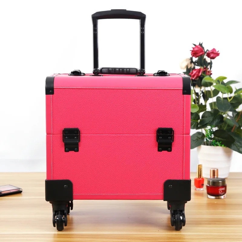 Professional Large Hard Cosmetic Rolling Travel Case Salon Lockable Trolley Makeup Train Case with Wheels