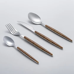16PCS Western Portable Wood Grain Handle Flatware Stainless Steel Spoon And Fork Set