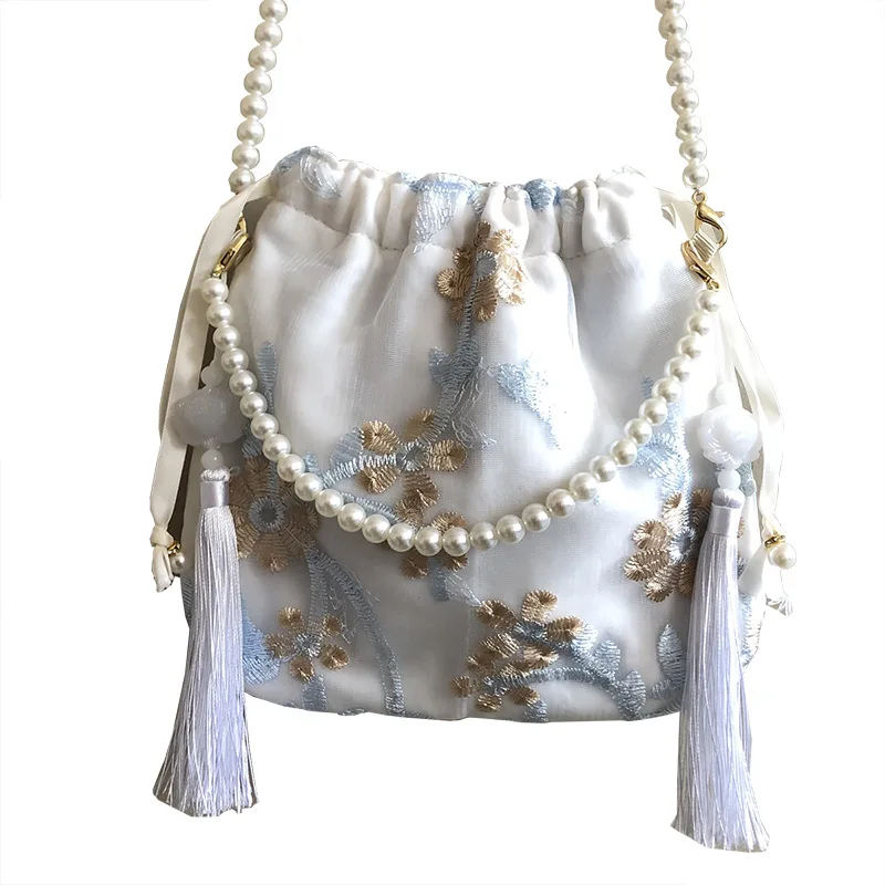 2021 Women Cell Phone Pearl Chain Net Yarn Embroidery Elegant Single Shoulder Crossbody Bag