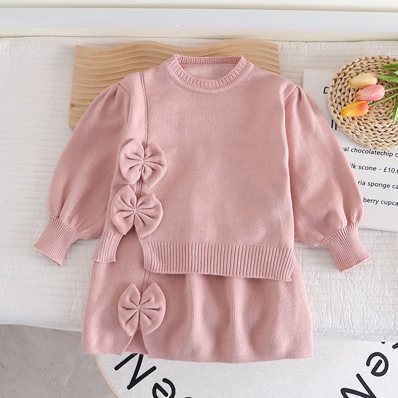 Knitted Sweet Bow Kids Sweater Set Popular Comfortable Soft Kids Dress Girls 2 Pcs Set Round Neck Girls Sweater Skort