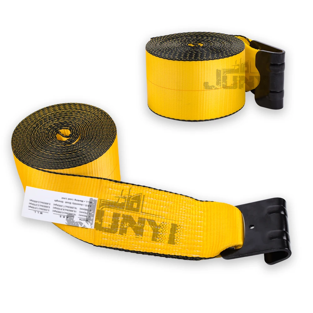 Hot sale 5400lbs  flat hook tie downs cargo lashing control yellow standard 4 inch winch strap for flatbeds