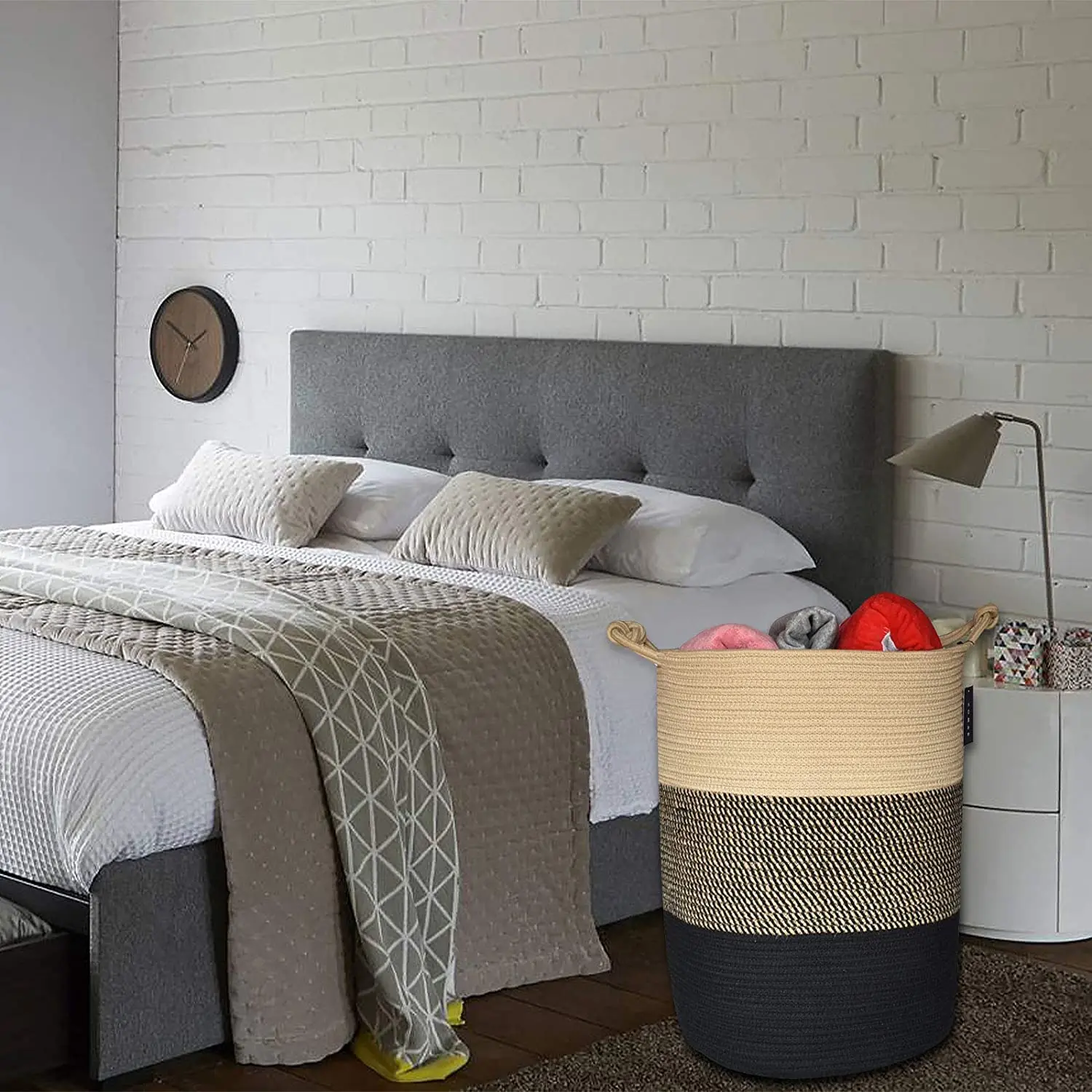 Wholesale 75L  cotton fabric  jute yellow foldable cotton rope laundry storage basket for kids room with elegant handle