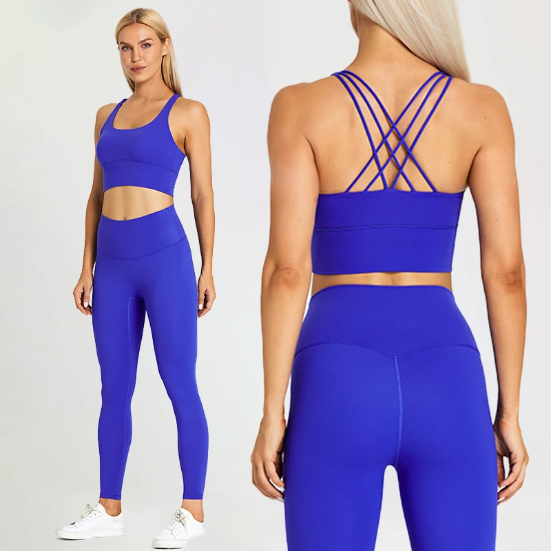 LQ8639 Women Cross Back Yoga Sets Wholesale Athletic Wear Sports Bras Leggings Gym Fitness Sets woman gym clothes
