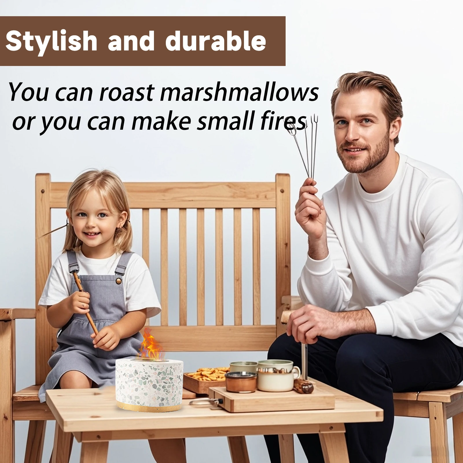 Portable Outdoor & Indoor Concrete Tabletop Fire Pit Bowl, Bioethanol Fuel Tabletop Smores Fire Pit with Roasting Sticks