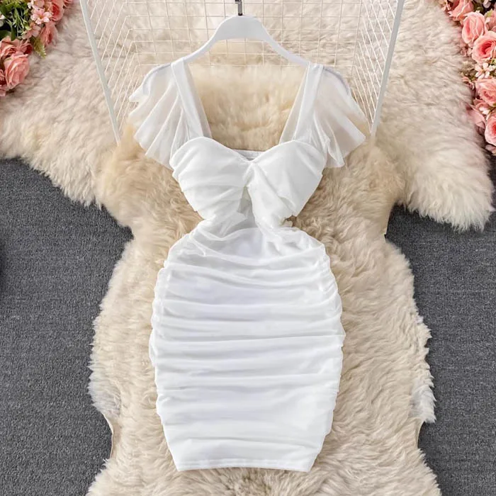 LY6429 Spring Summer New Arrival Woman French Sexy Bodycon Empire Pleat Square Collar Sheath Short Party Dress Mesh Dresses 2