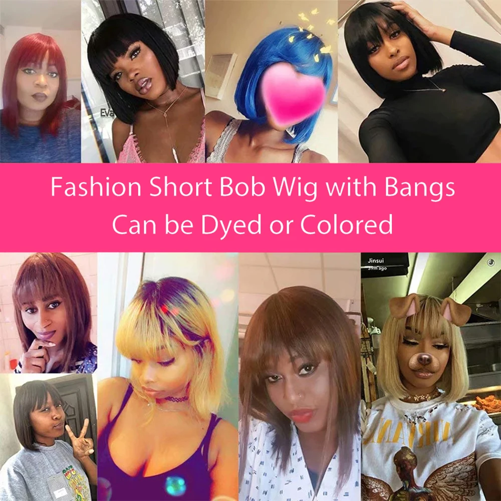 GS Wholesale Bang Bob Wig Vendor Straight Brazilian Bang Bob Wig Human Hair,Short Cut Human Hair Machine Made Bob Wigs With Bang
