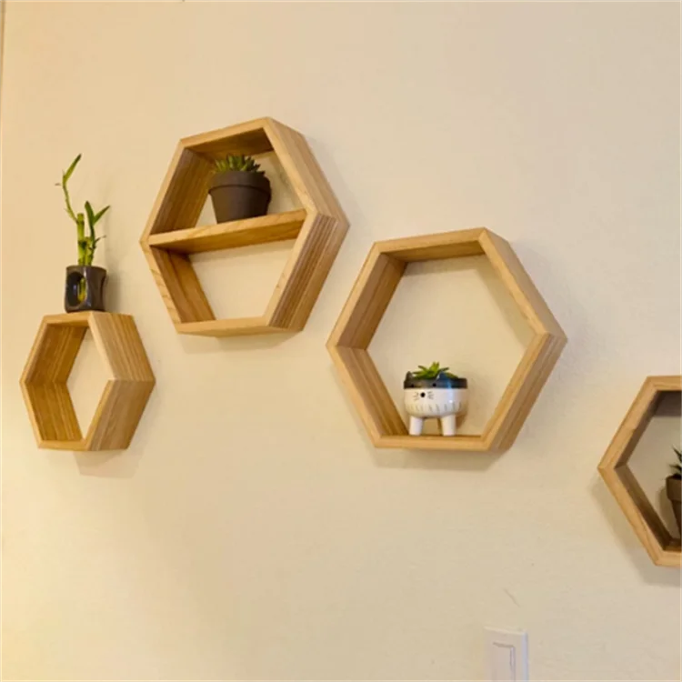High quality extra large 4 pcs paulownia wood hexagon wall shelf honeycomb wooden floating shelves