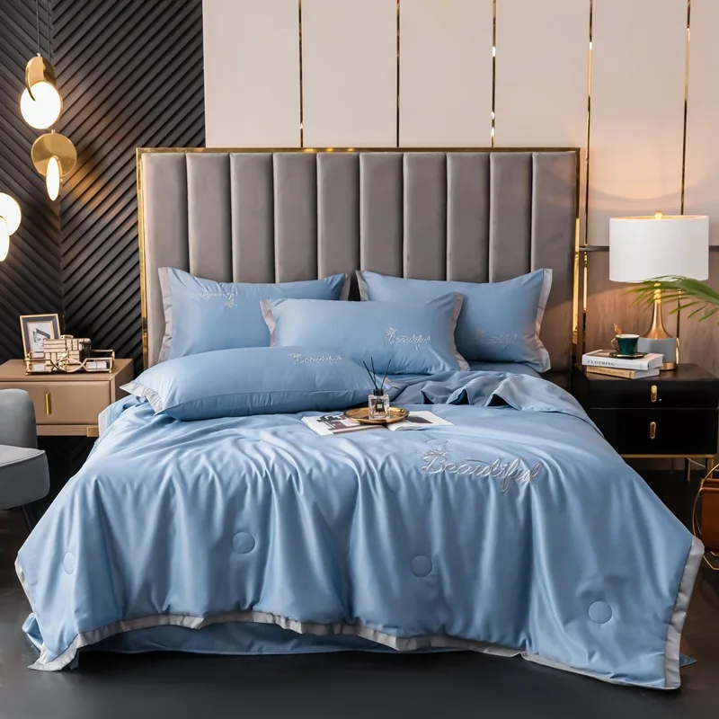 Washed silk fabric Embroidery design summer cool quilt four piece set