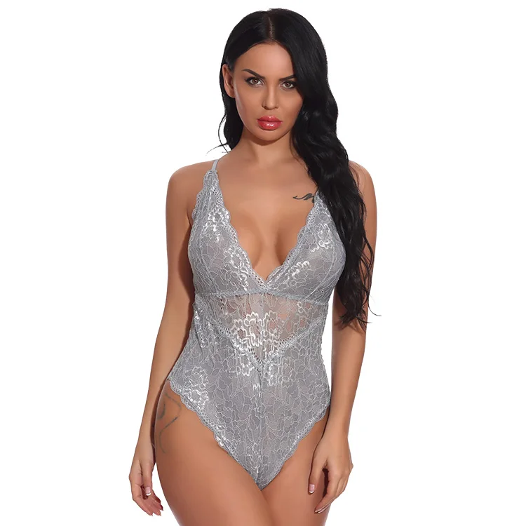 
New Design Sexy Sling Bodysuit V Neck Lace Sexy Push Up Thong Lingerie For Women Transparent One-piece Underwear 