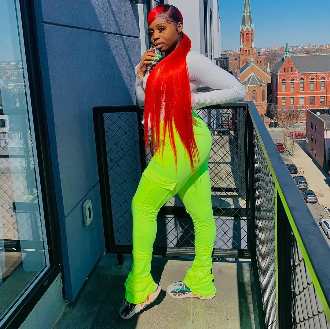 2022 New Arrivals Drawstring Solid Color Pocket Flare Legging Women Sweat Pants with Ruched Sides Tight Stacked Pants