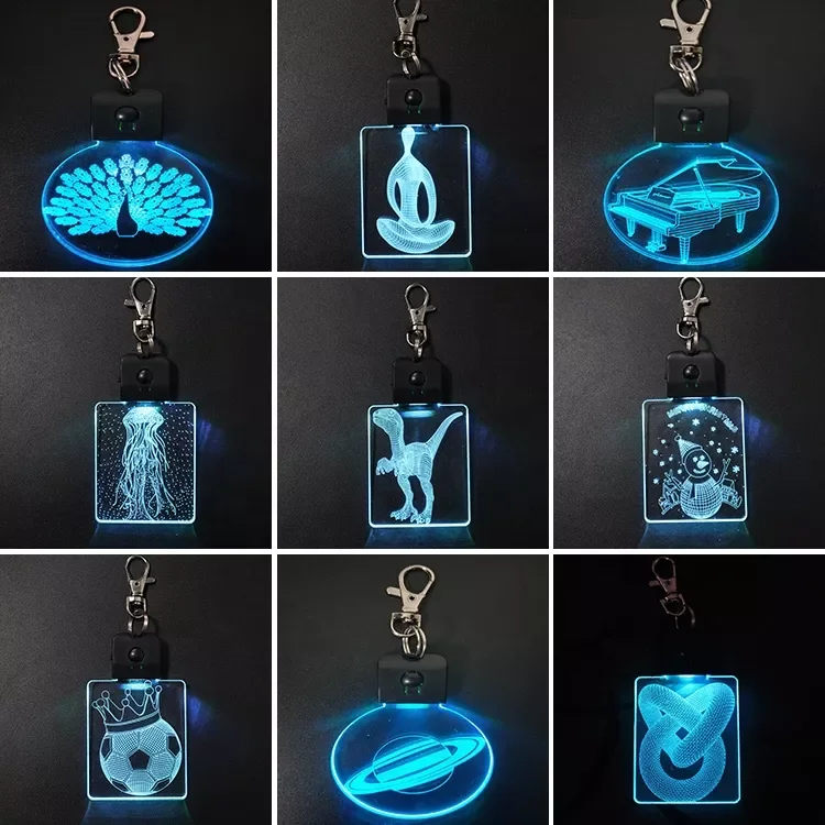 Blank USB Crystal Square Round light keyring Laser Engraving acrylic rechargeable 3D LED Keychain