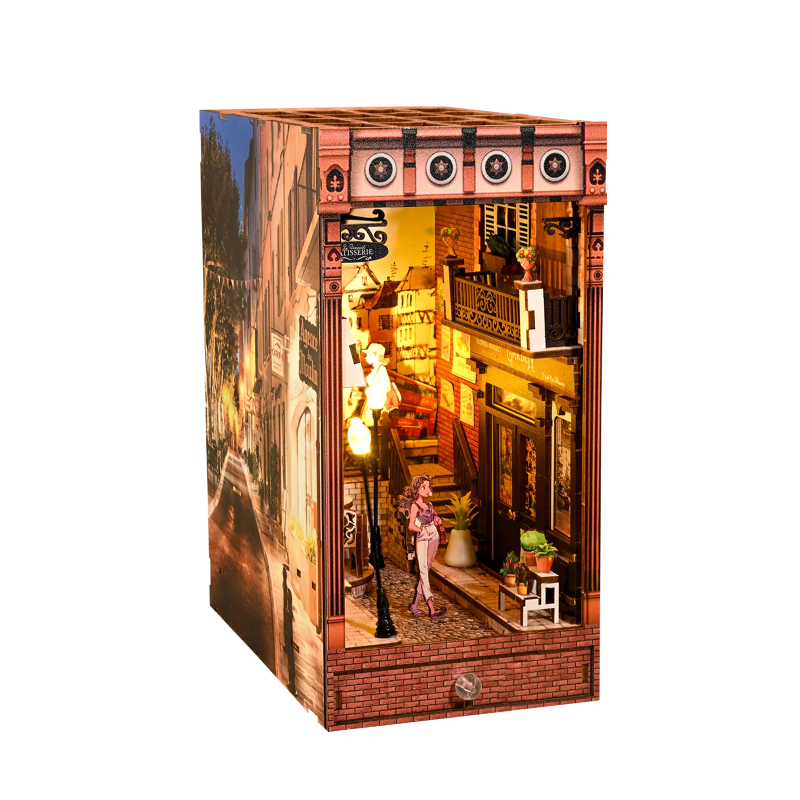 Buladle Leisurely European Street 3D Puzzle Wooden DIY Miniature House Book Nook with Touch Sensor LED Light