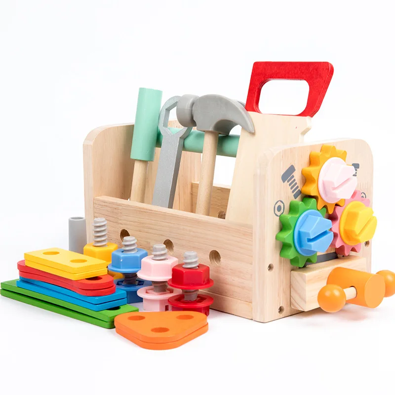 Kindergarten Toys Wooden Tool Kit Set for Kids Toddlers Wood Pretend Play Construction Box DIY STEM Portable Toolkit