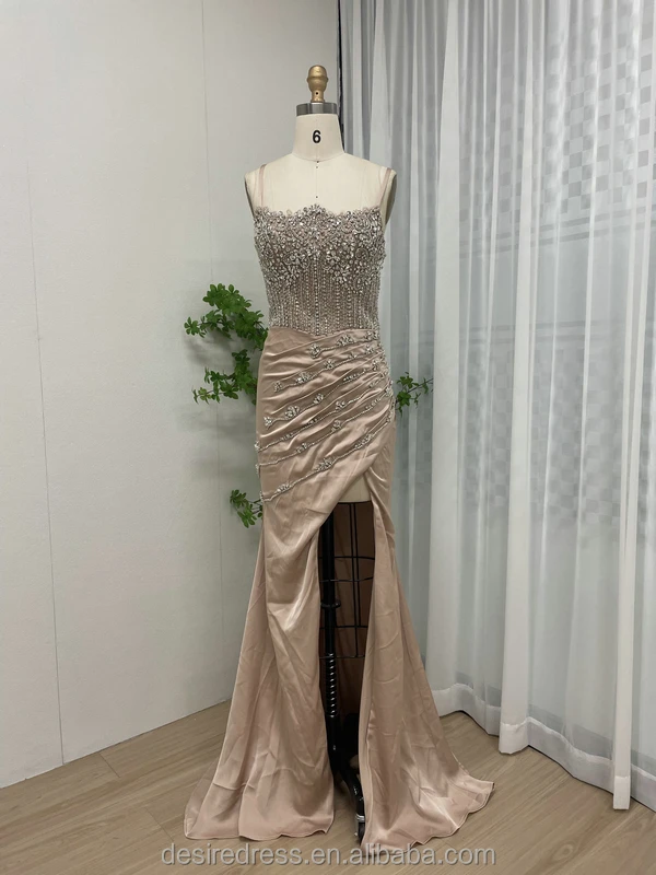 Stylish Sleeveless Off the Shoulder Beading Slit Evening Dresses Crystals Mermaid Prom Dresses With Detachable Train For Ladies