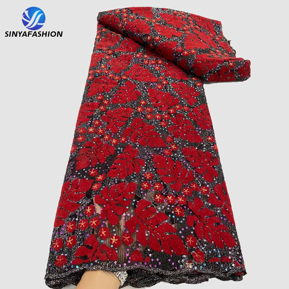 Beautiful Sinya New Style Leaf Design Velvet Sequins Lace Fabric Ladies Parry Velvet Embroidered Lace Fabric Sewing Dress