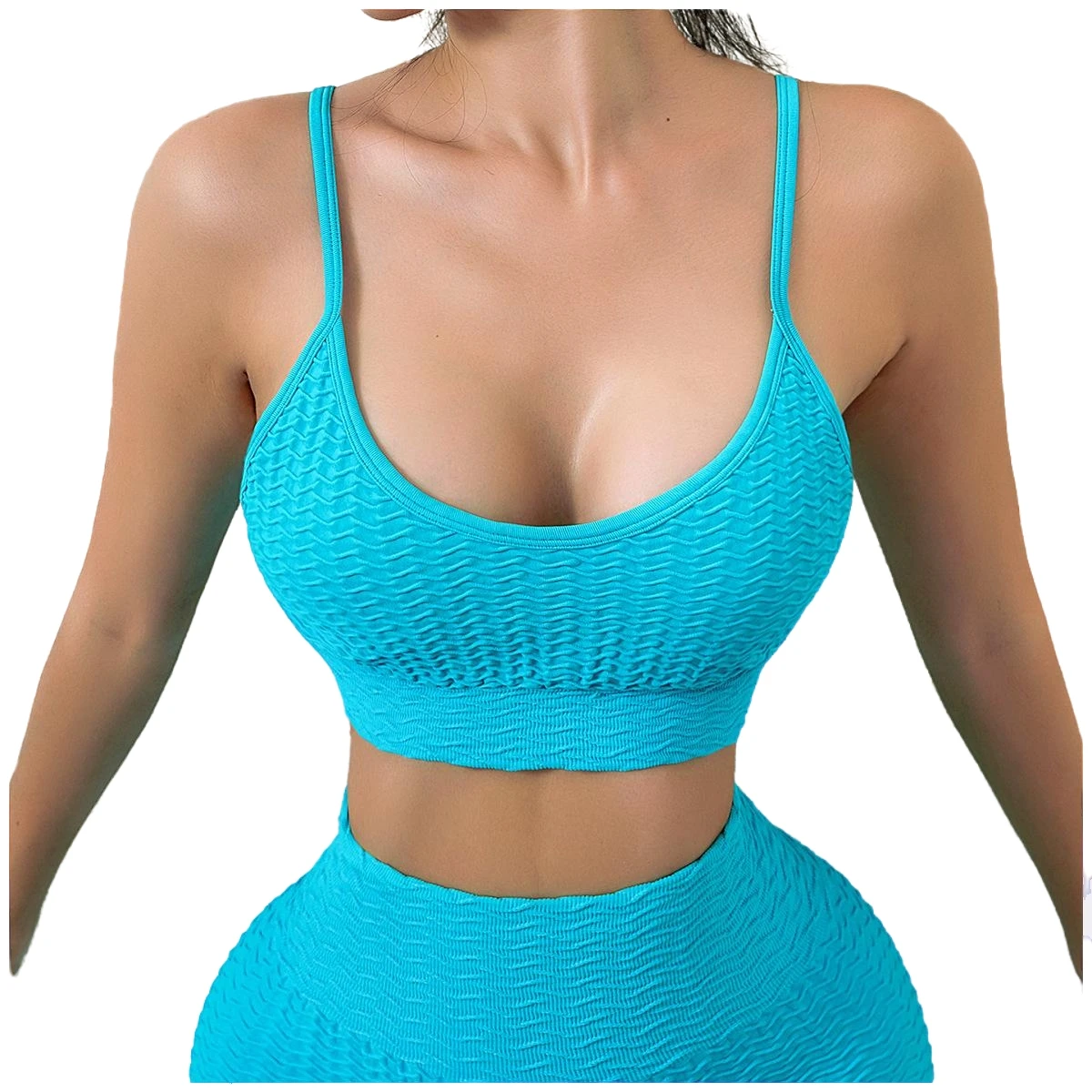 6549707 SEXY Impact Spaghetti Strap Screw Thread Back Shaping Deep U-Neck Fitness Yoga Sports Bra Crop Top
