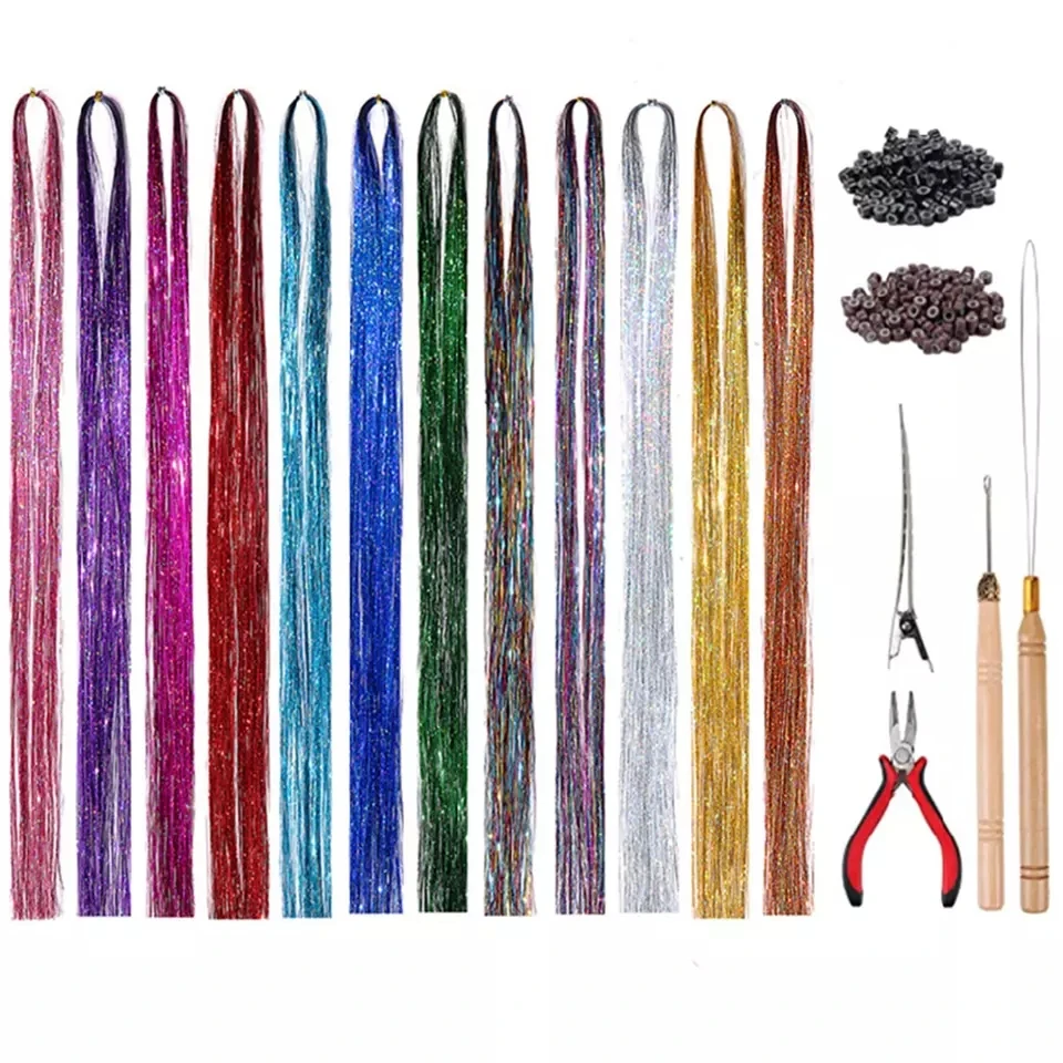 fujia 47 inch 16 Colors 3200 Strands Hair Tinsel 200 Pcs Silicone Buckles Crochet Hook Hair Ring Tip Mouth Clip Comb Hair Tinsel