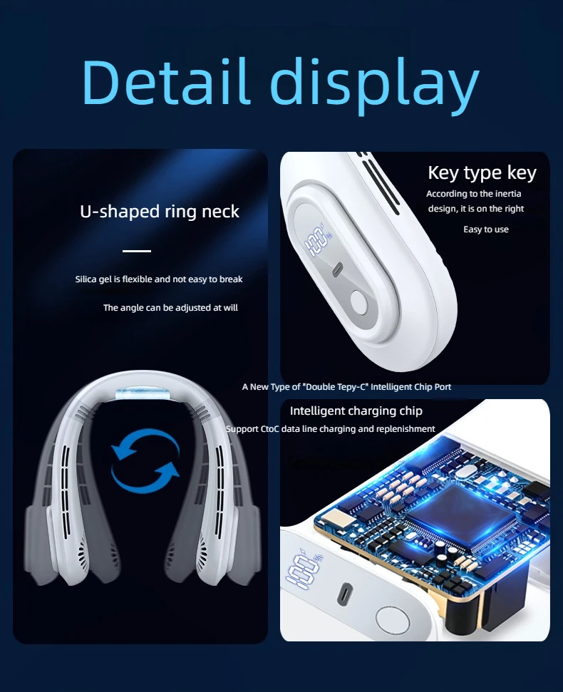 Personal Portable 3000mAh USB Rechargeable Bladeless Hanging Sport Neck Fan Indoor Outdoor Use for Car and Household 3 Speeds