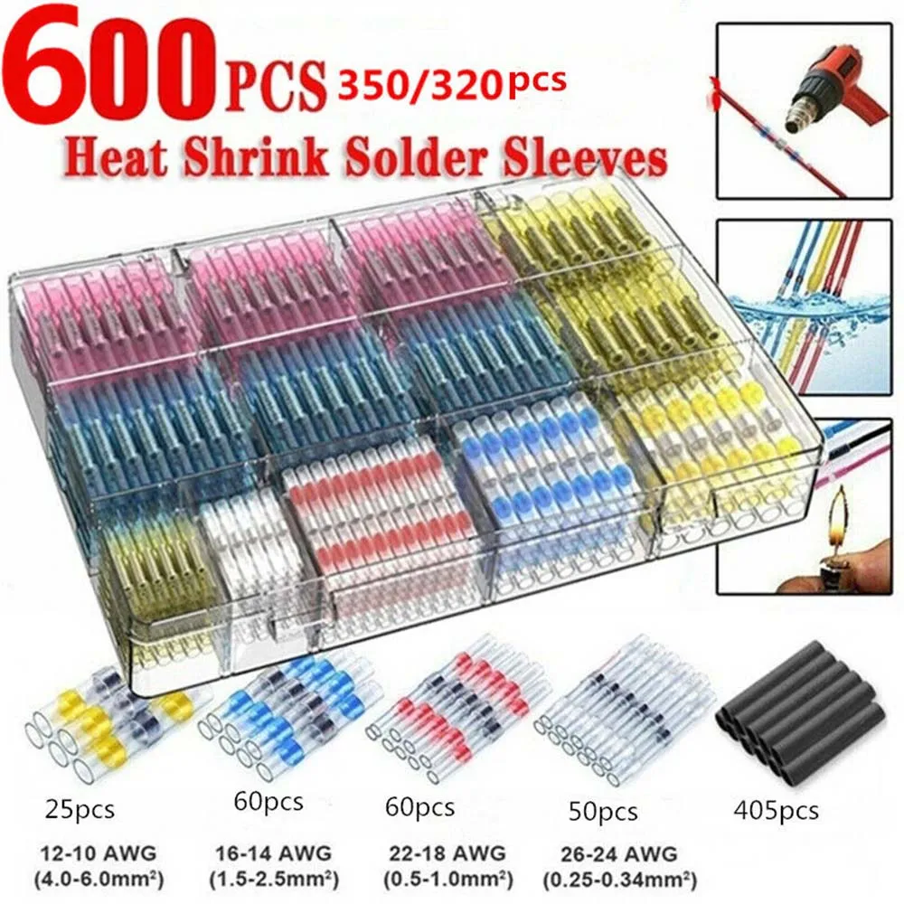 
600PC Solder Sleeve Seal Heat Shrink Electrical Terminal Butt Wire Connector Kit 